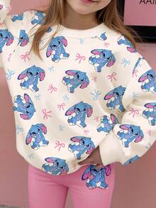 SHEIN Leap Crew 2 件奶油白和玫瑰粉，可爱甜美卡通蓝色兔子露露，蝴蝶结，针迹图案少女休闲柔软圆领长袖运动衫和紧身裤套装，适合秋冬季 - 彩色 - 查看 3