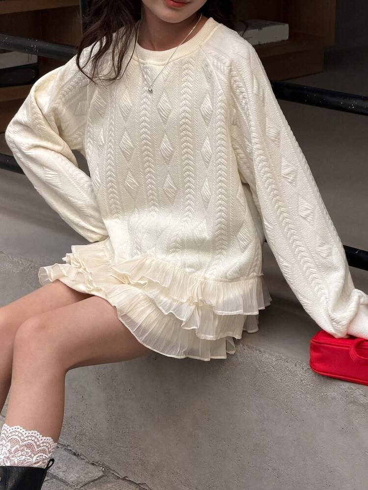 Girls Crew Neck Knit Mesh Patchwork Sweatshirt, Fall