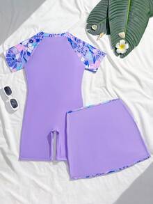 SHEIN Tween Girls 1-Piece Swimsuit With Zipper Front,Floral Print Short Sleeve,Modest Rash Guard Set,Purple Summer Casual Beach Holiday Vacation Holiday - Purple - View 2