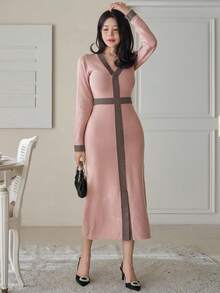 DAZY Đầm len cổ chữ V phối màu thanh lịch dành cho nữ, thích hợp cho mùa Thu/Đông. - Hồng - Xem 7