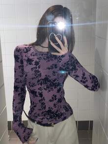 DAZY Women's Slim Fit Sheer Lace Crew Neck Pullover Top Long Sleeve Y2k Spring - Mauve Purple - View 2