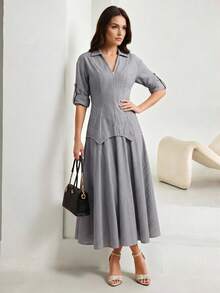 Heiryn Women's Fashionable Commuter Striped Midi Dress - Dark Grey - View 2