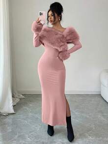 Modelyn Women's Elegant Off Shoulder Patchwork Faux Fur Collar Long Dress, Winter - Dusty Pink - View 7