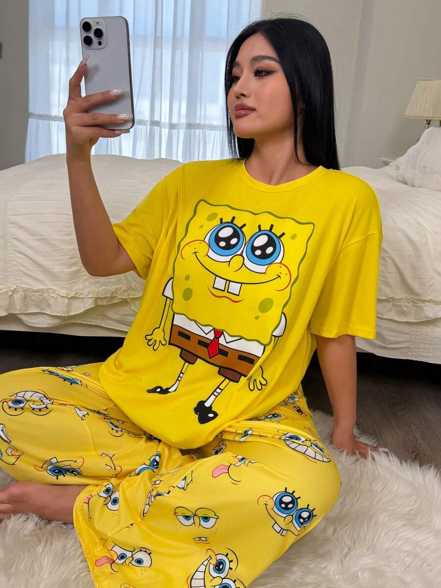 SpongeBob SquarePants | SHEIN Plus Size Cartoon Graphic Drop Shoulder Oversize Top & Pants Pajama Set - Yellow - View 1