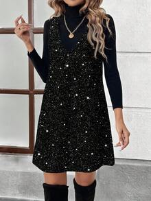 SHEIN LUNE 秋冬新款女士短款连衣裙，闪光印花 - 休闲街头风连身裙/连衣裙，适合约会、新年夜、派对、家庭聚餐、购物、婚礼和鸡尾酒会等场合，成熟优雅 L 码 - 彩色 - 查看 5