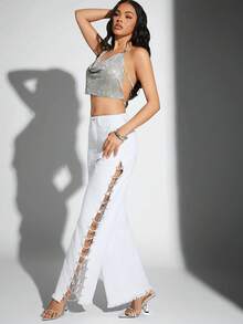 Denimoi Calça Branca Larga Feminina, Denim da Moda com Abertura Vazada na Perna, Bolsos Decorados com Strass, Roupas Femininas de Outono, Looks de Outono. Para Uso Diário, Sair, Concertos, Festivais - Branco - Visão 7