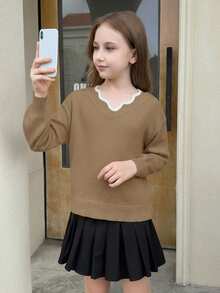 SHEIN Tween Girl Casual Fashion Versatile Knit Wavy Hem V-Neck Bowknot Back Lantern Sleeve Pullover Sweater, Suitable For Weekend, Casual Outing, Back To School, Halloween, Christmas, New Year In Fall/Winter - Khaki - View 12