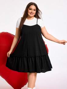 SHEIN CURVE+ CURVE PLUS /Valentine's Day/Plus Size Women's Ruffle Hem Camisole Dress, Casual Pinafore Dress - Black - View 9