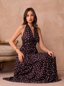 Enchnt 性感波点露背吊带紧身连衣裙 - 棕色 - 查看 4