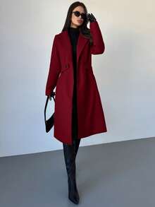 Firerie 女士休闲日常通勤简约纯色翻领双排扣保暖长款大衣，秋冬款 - 紅色 - 查看 5