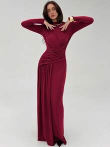 Aloruh Women's Solid Color Pleated Collar Fitted Elegant Long Sleeve Dress - Burgundy - View 4