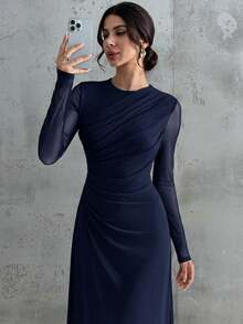 Firerie فستان ماكسي أنيق للنساء بأكمام طويلة وياقة مستديرة وخصر منتفخ، لون أصفر فاتح، مناسب للمناسبات الرسمية والعمل والعطلات والحفلات والأسلوب الكلاسيكي - أزرق بحري - مشاهدة 6