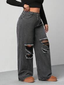 SHEIN MOD Quần jeans ống loe rách dáng rộng cho nữ cỡ lớn, màu xanh lam - Xám - Xem 4