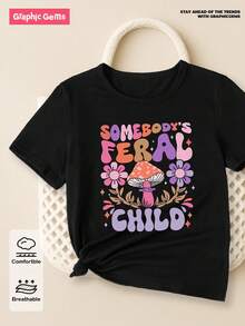 SHEIN 年輕女孩休閒花卉，字母和口號印花短袖T恤