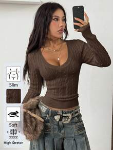 Coolane Women's Winter Vintage Preppy Y2K Daily Wear Going Out Renaissance Fair Cable-Knit Club Brown Long Sleeve V-Neck Sweater - Coffee Brown - View 2