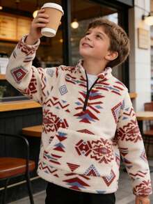 男童休闲西部牛仔度假风几何图案袋鼠口袋半拉链抓绒外套，秋冬季 - 彩色 - 查看 4