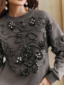 Anewsta Sudadera de cuello redondo para mujer con decoración de perlas bordadas en 3D, unicolor versátil, adecuada para otoño/invierno, Año Nuevo, Acción de Gracias - Gris Oscuro - Ver 2