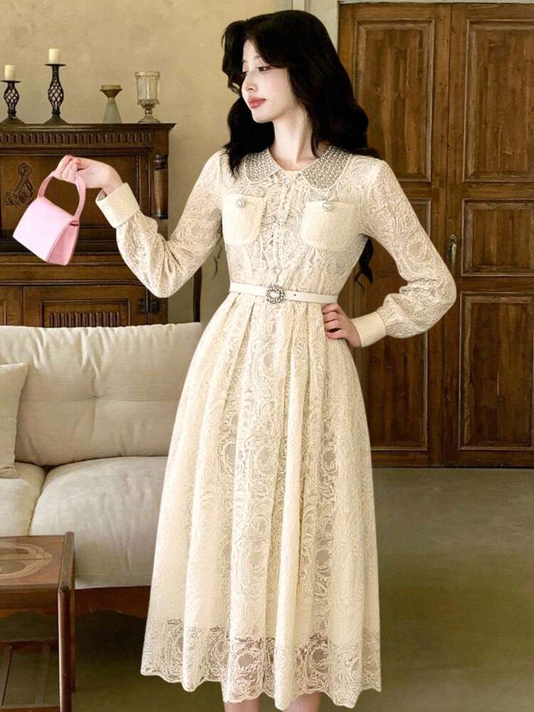 French Style Long Sleeve Embroidered Lace Elegant Waist Cinched Dress For Women Maxi Dress Sundress