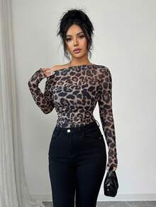 Elenzga Áo thun nữ dài tay in họa tiết tie-dye họa tiết nhún bèo vai thời trang mùa thu 25-30+ - màu nâu - Xem 3