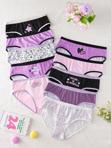 10pcs Girls Heart, Tween Girls Panties-Assorted Prints Low Rise Briefs Elastic Waistband Snug Fit No Ride Up Purple Black White Pink All Season 2026 New Year Essential Versatile And Comfortable Warm And Cute Style - Multicolor - View 4