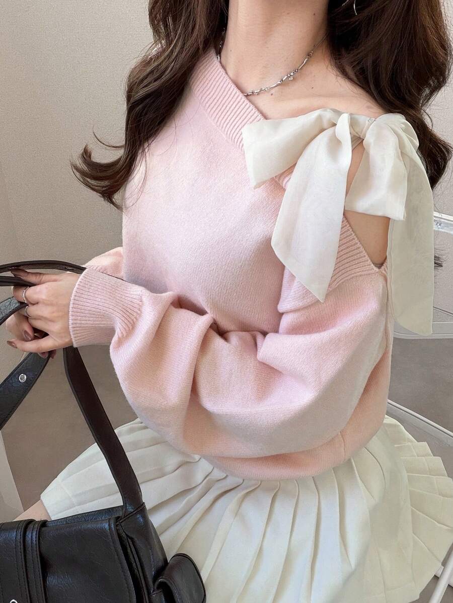 FRIFUL Women's Contrast Color Asymmetrical Shoulder Drop Shoulder Bow Loose Casual Versatile Sweater, Autumn/Fall - Pink - View 1