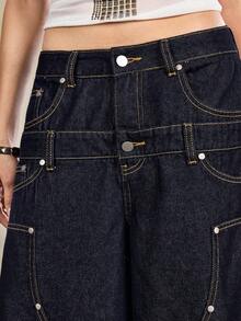 ROMWE EDITION Quần short jeans lửng dáng rộng, cạp đôi kiểu thợ rừng Mỹ cổ điển dành cho nữ, trang phục đường phố mùa hè. - Màu xanh lam - Xem 7