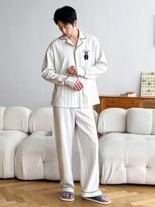 DAZY Men's Letter Pattern Jacquard Beige Shirt & Pajama Set, Spring/Autumn - Beige - View 5