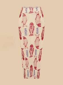 Bonvoyette 3件套女士沙滩装：时尚可爱度假风撞色随机海洋动物印花可调节吊带上衣、侧系带泳裤和长裙比基尼 - 彩色 - 查看 5