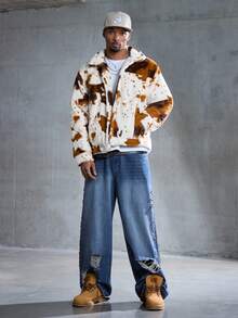 ROMWE MEN Street Life Men's Cow Print Plush Fabric Turndown Collar Jacket - Coffee Brown - View 8