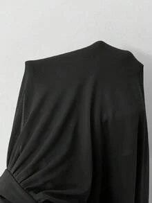 Rafferiza 红色荷叶边褶皱网纱连衣裙，优雅派对礼服，超长袖 - 黑色 - 查看 8