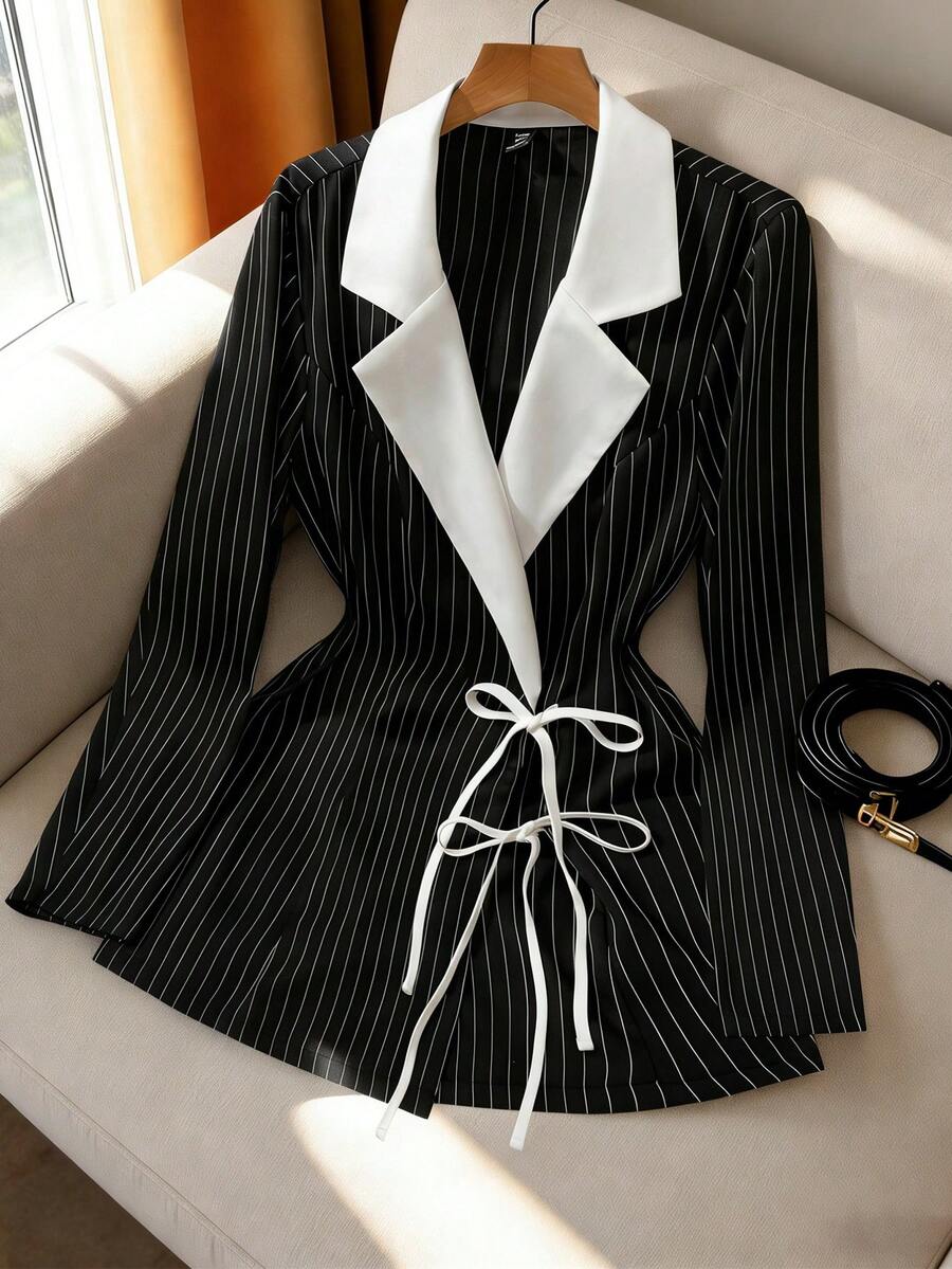 GlowEve CURVE 大码春秋季休闲通勤优雅拼接系带条纹撞色西装外套 - 黑與白 - 查看 1