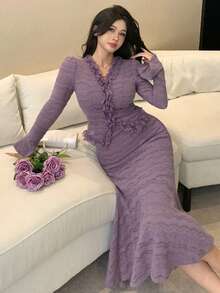 DAZY 2件套女士法式长袖蕾丝鱼尾修身连衣裙，时尚优雅 - 紫色 - 查看 7