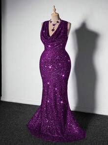 Viva Relle 大码女式无袖垂褶领亮片连衣裙，优雅适合节日派对穿着，绿色圣诞亮片长款女装 - 紫色 - 查看 1