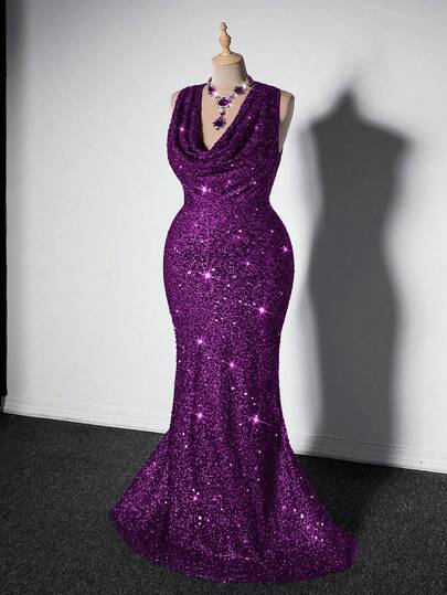 Grovea Plus Size Women Sleeveless Draped Neck Glitter Dress, Elegant For Holiday Party Clothes, Green For Christmas Maxi Sequin Women Outfi