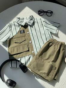 SHEIN Bộ quần áo trẻ em 2 món gồm áo sơ mi ngắn tay và quần short, kiểu dáng thường ngày, họa tiết kẻ sọc phối màu tương phản, cổ ve áo mở phía trước, thích hợp cho các dịp xuân/hè như đi chơi, ngày Valentine, hẹn hò, du lịch, nghỉ lễ, họp mặt gia đình, tựu trường, đám cưới, buổi tối, thể thao, tiệc sinh nhật. - Nhiều màu - Xem 5