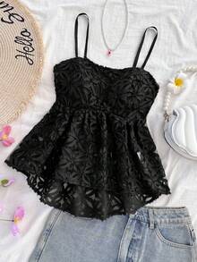 Soleia WYWH 女士夏季度假、毕业典礼、婚礼、返校、复活节午餐聚会可爱休闲吊带背心，甜美浪漫花卉纹理针织吊带背心上衣，松紧腰带宽松不对称下摆，黄色 - 黑色 - 查看 3