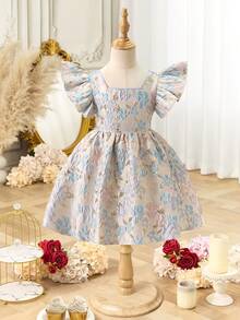 SHEIN 少女碎花荷叶边方领休闲连衣裙 - 淺藍色 - 查看 2