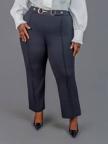 CurvyTilda 优雅、通勤、聚会、约会修身纯黑色金属装饰纽扣长直筒裤女式大码长裤春秋 - 黑色 - 查看 4