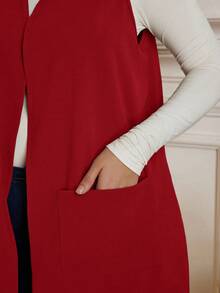 EMERY ROSE Plus Size Solid Color Sleeveless Loose Pocket Simple Casual Jacket,Spring/Summer,Summer,Vacation Woman / Vacation In Fall/Winter - Red - View 6