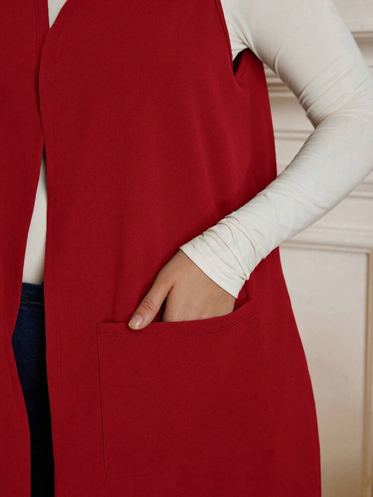 Jaqueta Casual Solta de Bolso Simples sem Mangas de Cor Sólida, Primavera/Verão, Roupas de Verão, Looks de Férias Mulher / Férias no Outono/Inverno