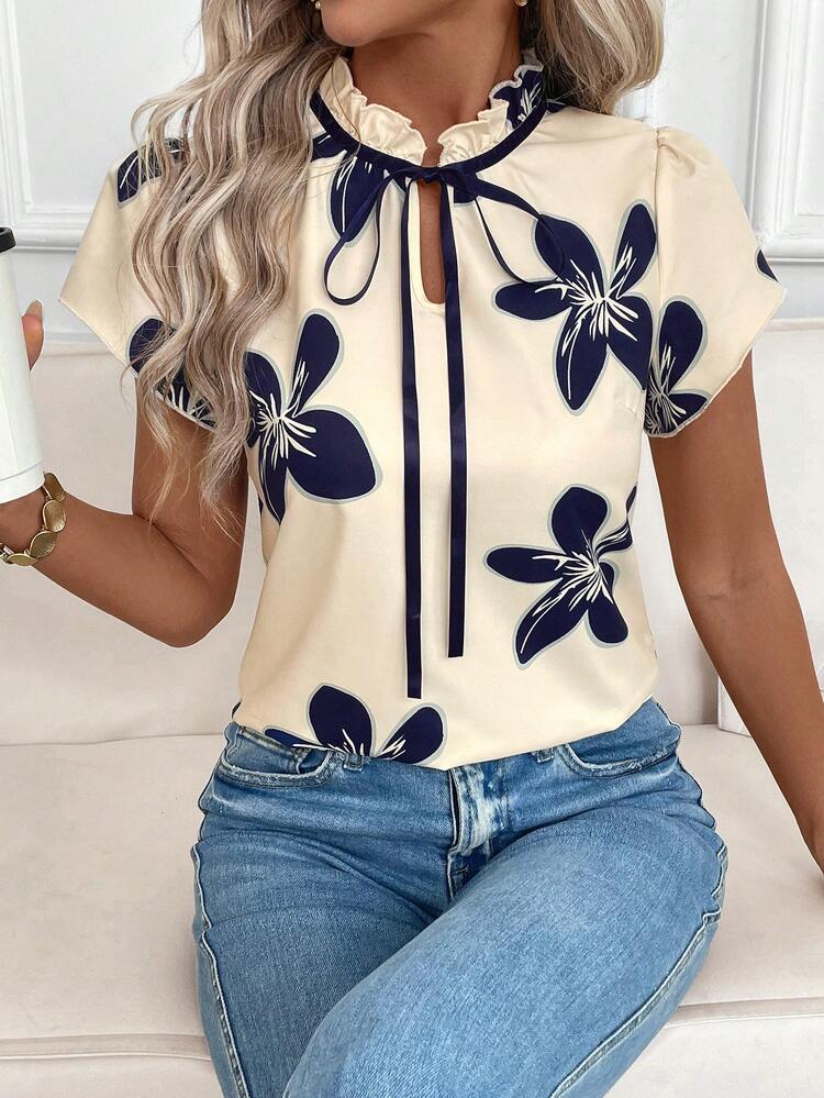 SHEIN Clasi Plus Size Women Floral Print Ruffle Tie Neck Casual Blouse With Puff Sleeves,Beige Summer Elegant Office Work Top,Everyday Birthday Blouses - Multicolor - View 1