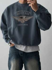 DAZY Men's Letter Print Short Thermal Lined Pullover Pullover Sweatshirt, Charcoal Grey, Autumn/Winter