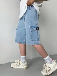 SHEIN Tween Jungen Mode Lässig Y2K Vintage Cool Workwear Taschen Design Merkmale blaue locker und bequeme Workwear Jeans Shorts, weiche Alltagskleidung für Sommer und Frühling, Rave Festival und Strand - Helle Waschung - Übersicht 5