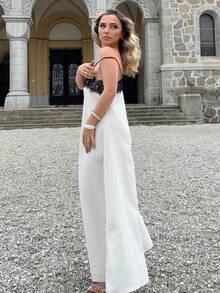 Jeta Ari Vestido de verano de mujer de ajuste holgado con patchwork de encaje en blanco y negro, vestido midi con tirantes, de lino, vestidos casuales de mujer, vestido de fiesta - Blanco y Negro - Ver 6