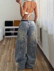 StreetHx Jeans de ajuste holgado con bolsillo bordado y efecto desgastado, estilo casual de calle para mujer - Azul - Ver 6