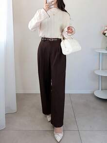 FRIFUL 女士荷叶边领长袖落肩喇叭袖宽松休闲T恤 - 杏色 - 查看 3