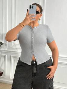 Truni Fall Clothes For Women,WinterPlus Size Solid Color Minimalist Casual Round Neck Short Sleeve T-Shirt - Grey - View 5