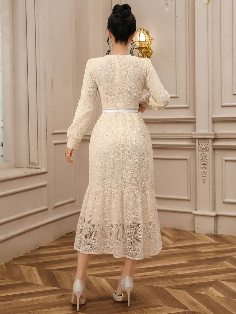 Elegant Long Sleeve Lace Dress, High-End French Style Sophisticated Long Dress For Women Sundress
