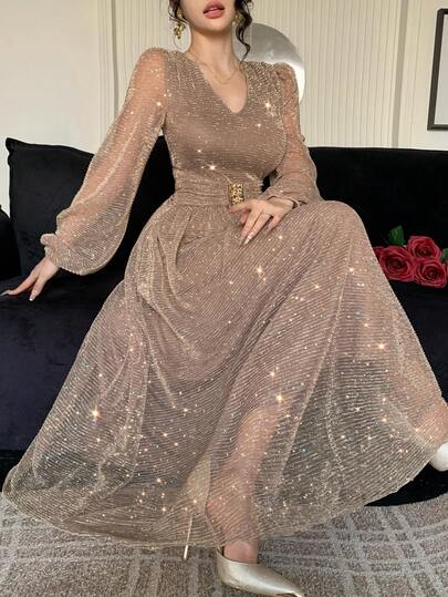 DAZY Vestido de manga larga con cuello en V, decoración de cintura con tela de lentejuelas, vestido de longitud media para Año Nuevo, atuendo de mujer, vestido brillante de carnaval, vestido largo