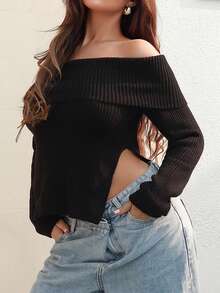 SHEIN Unity 1pc Women's Off-Shoulder Tight Knit Sweater With Asymmetric Hem, European Style, Autumn/Winter - Black - View 3